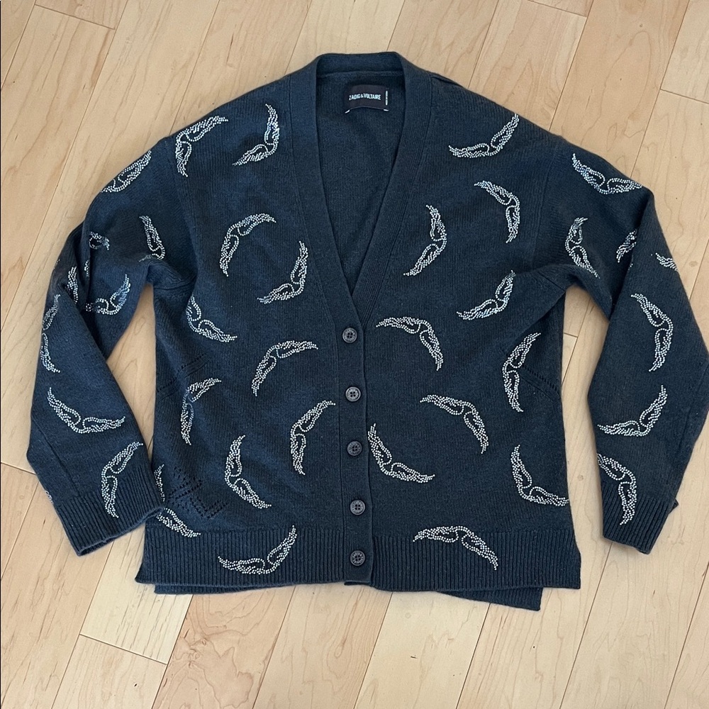 Zadig & Voltaire crystal embellished wing-motif cardigan in gray. Size XS.